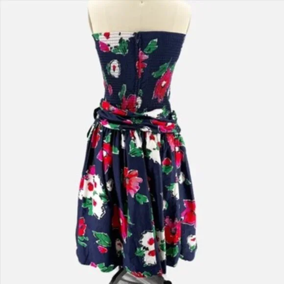 Patty O'Neil Floral Strapless Navy Blue Dress Kentucky Derby Prom 80s Vtg 6 - Picture 5 of 11